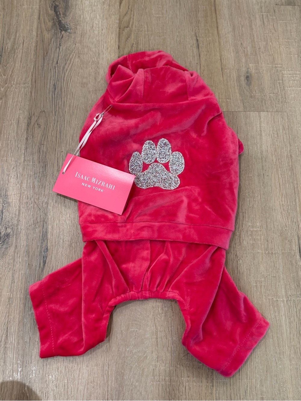 Isaac Mizrahi New York Pink Velour Rhinestone Paw Dog Jumpsuit Hoodie Size S